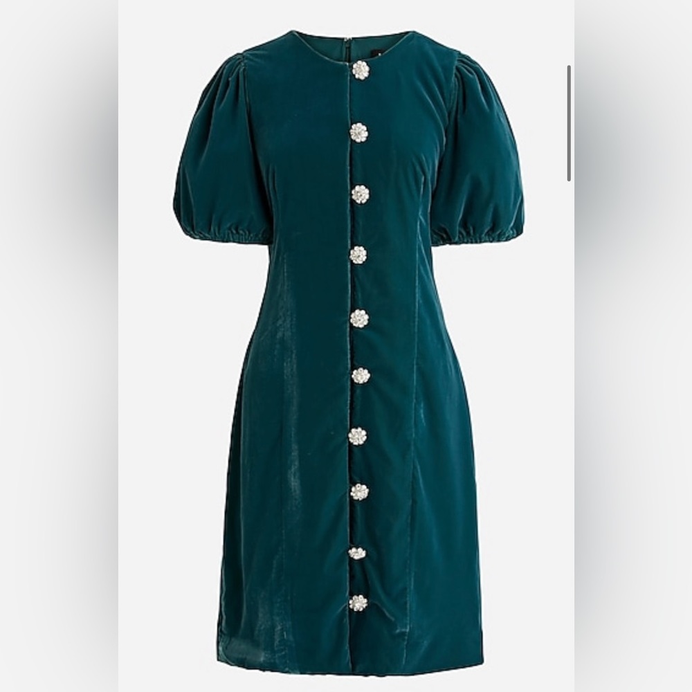 J. Crew Velvet Jeweled Button-Front Green Mini Dress